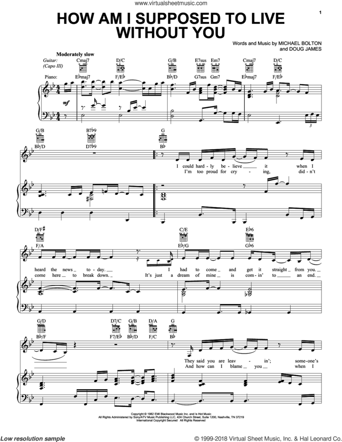 How Am I Supposed To Live Without You sheet music for voice, piano or guitar by Michael Bolton and Doug James, intermediate skill level