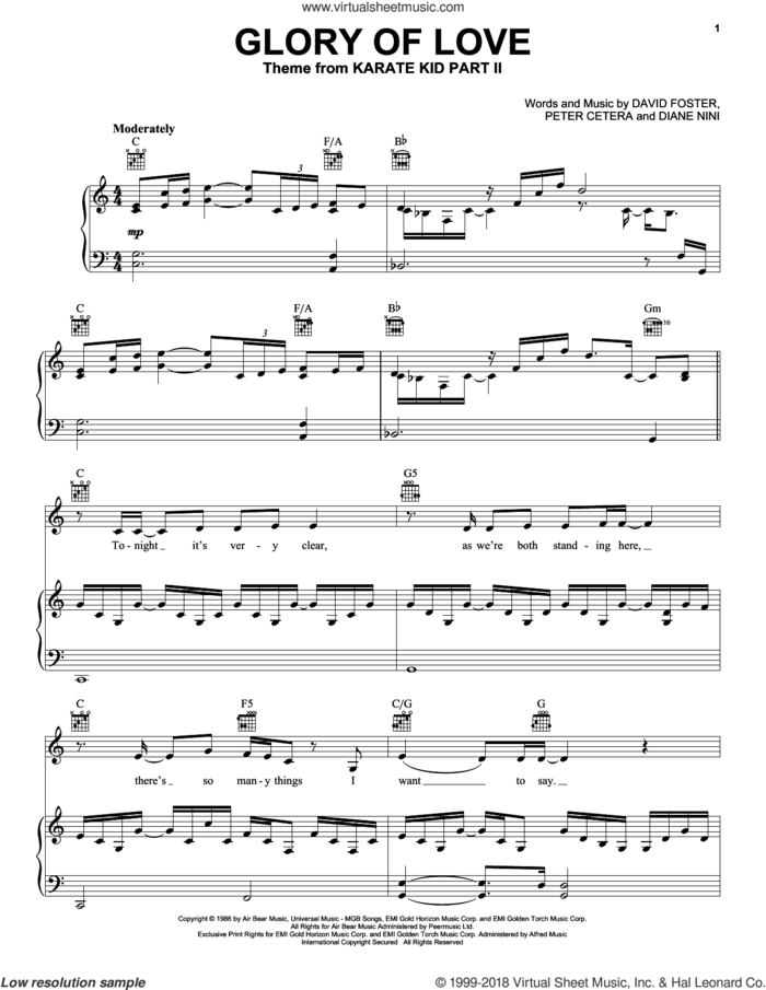 Glory Of Love sheet music for voice, piano or guitar by Peter Cetera, David Foster and Diane Nini, intermediate skill level