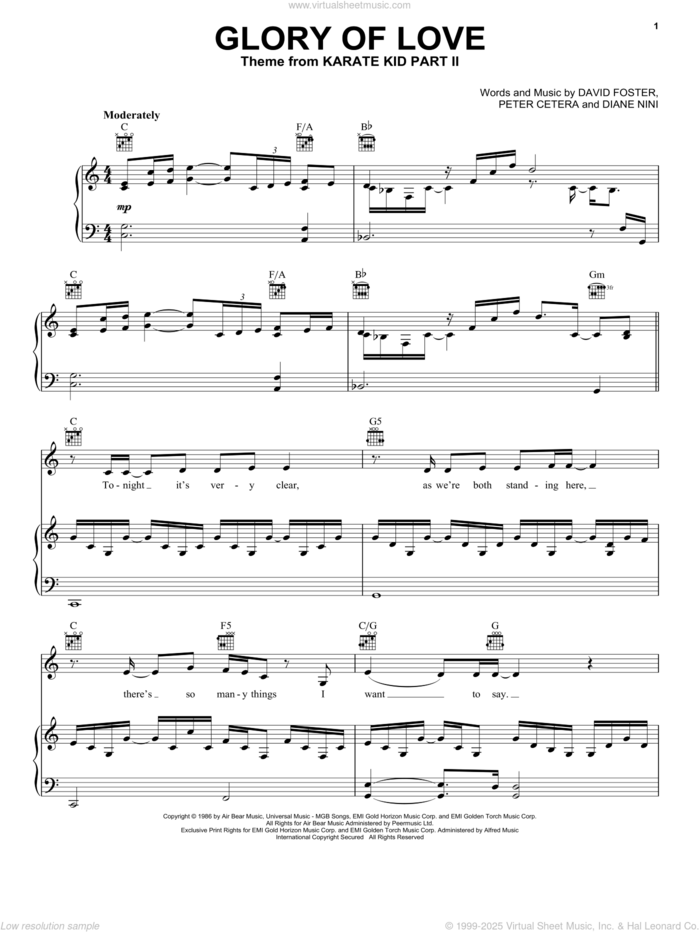 Glory Of Love sheet music for voice, piano or guitar by Peter Cetera, David Foster and Diane Nini, intermediate skill level