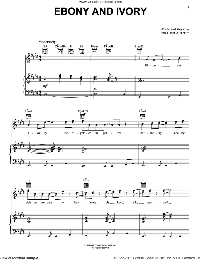 Ebony And Ivory sheet music for voice, piano or guitar by Paul McCartney and Paul McCartney and Stevie Wonder, intermediate skill level