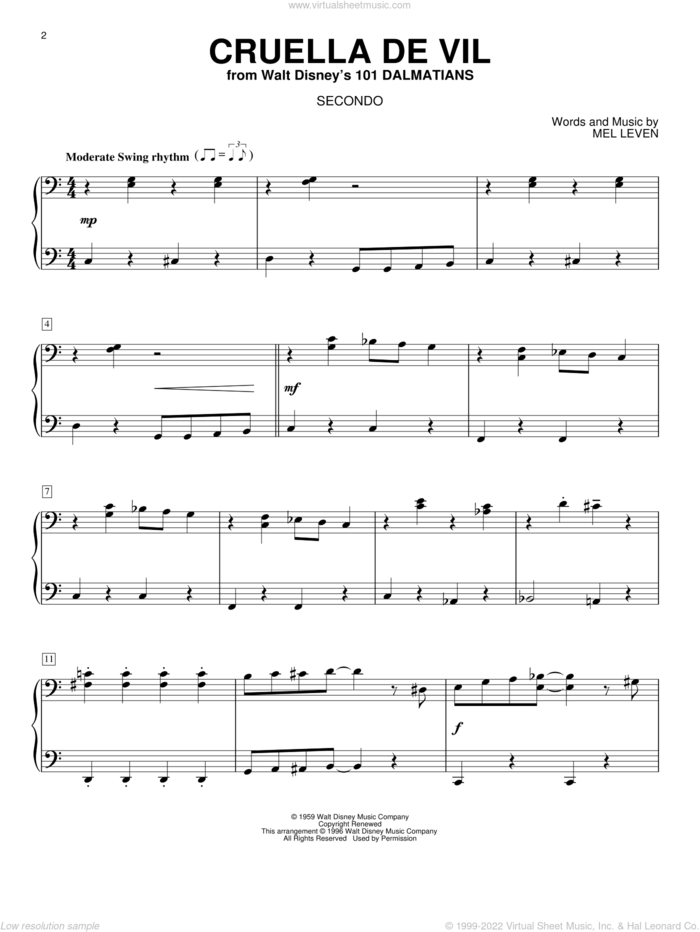 Cruella De Vil (from 101 Dalmations) sheet music for piano four hands by Mel Leven, intermediate skill level