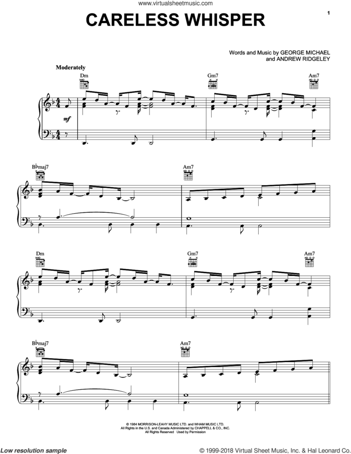 Careless Whisper sheet music for voice, piano or guitar by George Michael and Andrew Ridgeley, intermediate skill level