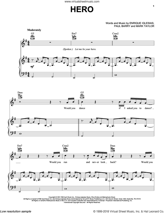 Hero sheet music for voice, piano or guitar by Enrique Iglesias, Mark Taylor and Paul Barry, intermediate skill level