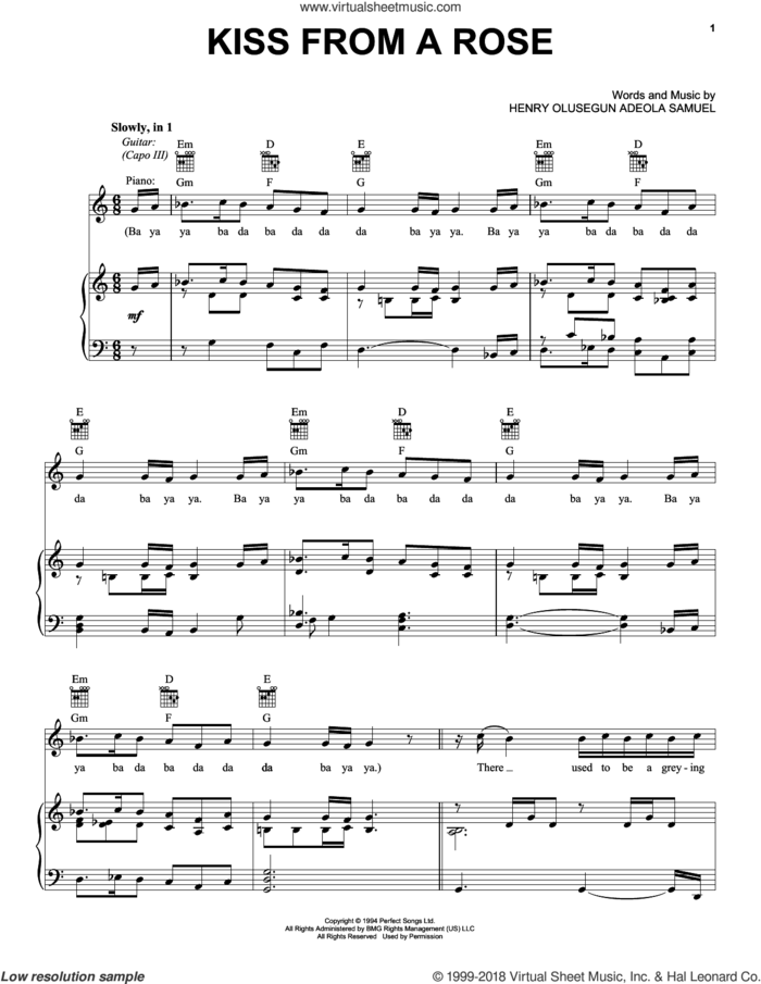 Kiss From A Rose sheet music for voice, piano or guitar by Manuel Seal and Henry Olusegun Adeola Samuel, intermediate skill level