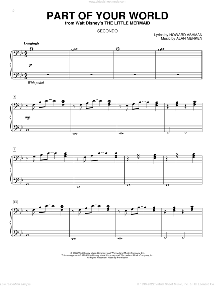 Part Of Your World sheet music for piano four hands by Alan Menken, The Little Mermaid (Movie) and Howard Ashman, intermediate skill level
