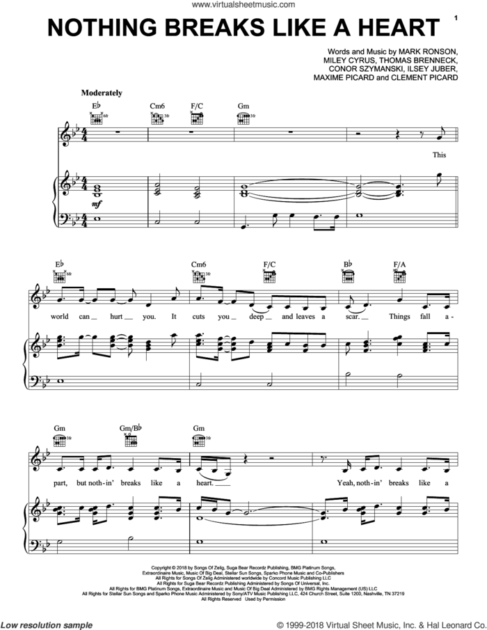 Nothing Breaks Like A Heart (feat. Miley Cyrus) sheet music for voice, piano or guitar by Mark Ronson, Clement Picard, Conor Szymansk, Ilsey Juber, Maxime Picard, Miley Cyrus and Thomas Brenneck, intermediate skill level