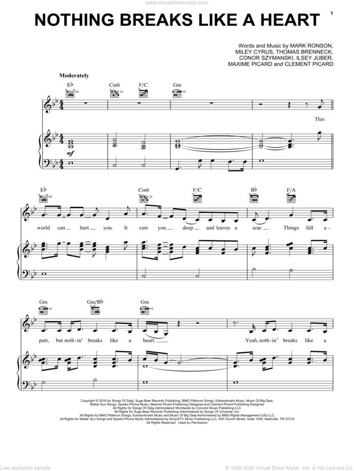 Nothing Breaks Like A Heart (feat. Miley Cyrus) sheet music for voice, piano or guitar by Mark Ronson, Clement Picard, Conor Szymansk, Ilsey Juber, Maxime Picard, Miley Cyrus and Thomas Brenneck, intermediate skill level