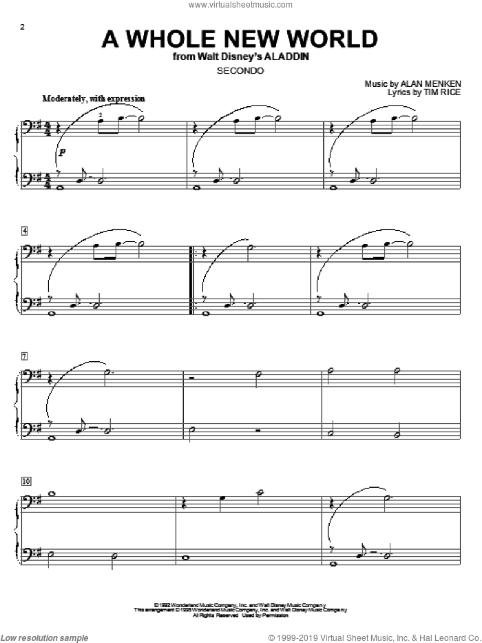A Whole New World (from Aladdin) sheet music for piano four hands by Alan Menken, Alan Menken & Tim Rice and Tim Rice, wedding score, intermediate skill level