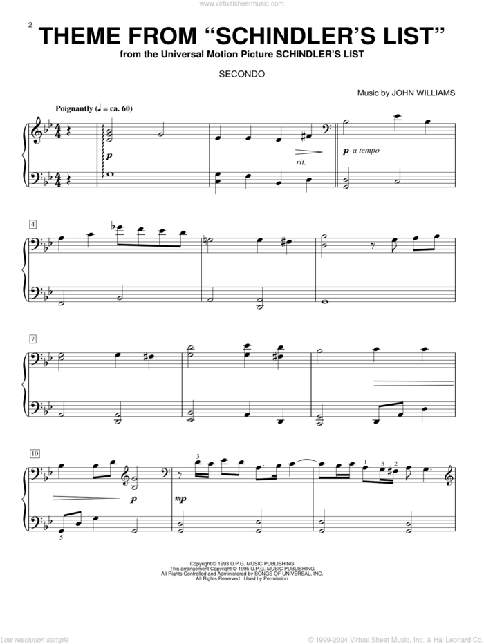 Theme from Schindler's List sheet music for piano four hands by John Williams, intermediate skill level