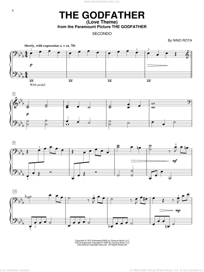 The Godfather (Love Theme) sheet music for piano four hands by Nino Rota, intermediate skill level