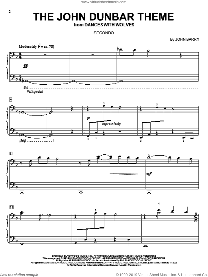 The John Dunbar Theme sheet music for piano four hands by John Barry, intermediate skill level