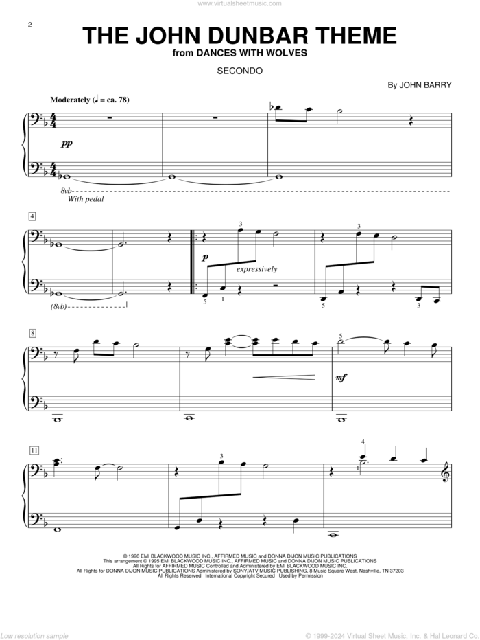 The John Dunbar Theme sheet music for piano four hands by John Barry, intermediate skill level