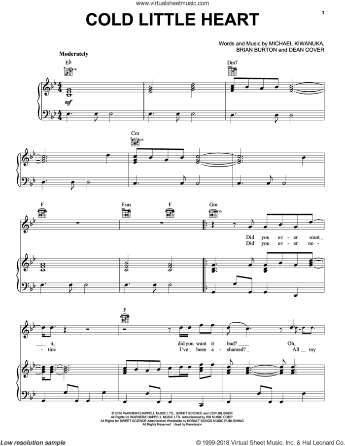 Cold Little Heart (theme from Big Little Lies) sheet music for voice, piano or guitar by Michael Kiwanuka, Brian Burton and Dean Cover, intermediate skill level