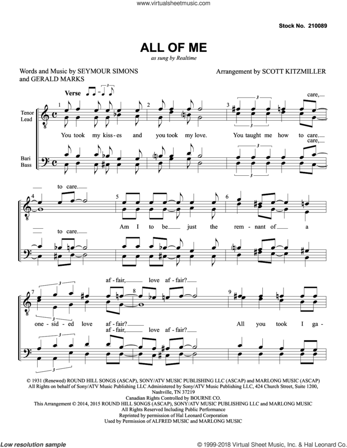 All Of Me (arr. Scott Kitzmiller) sheet music for choir (TTBB: tenor, bass) by Realtime, Scott Kitzmiller, Gerald Marks and Seymour Simons, wedding score, intermediate skill level