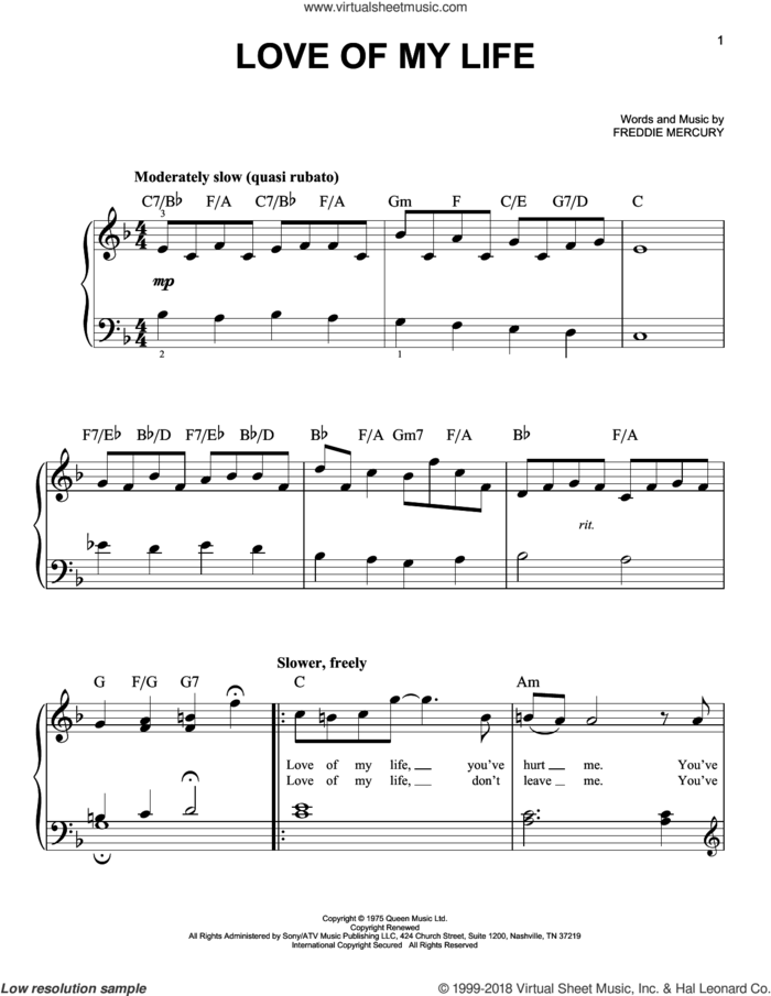 Love Of My Life, (easy) sheet music for piano solo by Queen and Freddie Mercury, easy skill level