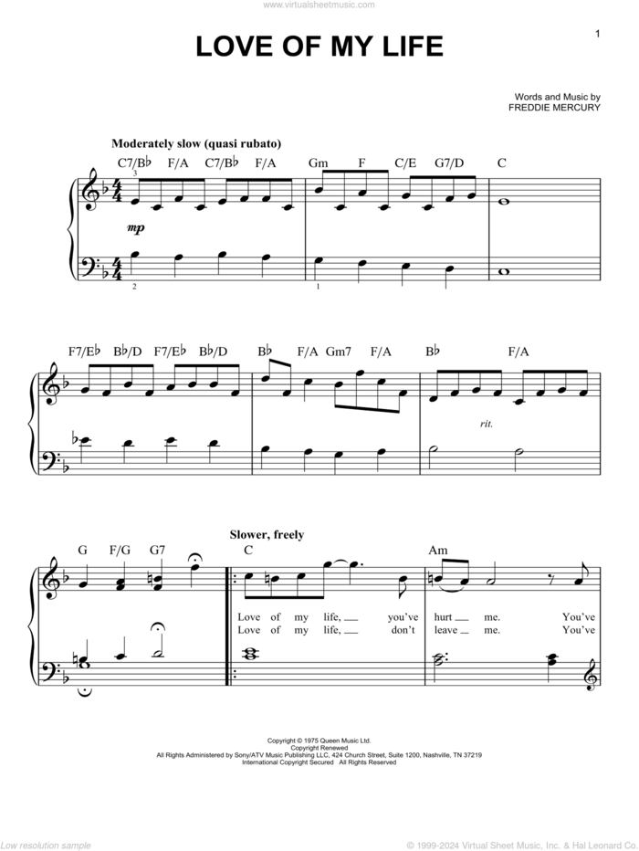 Love Of My Life, (easy) sheet music for piano solo by Queen and Freddie Mercury, easy skill level