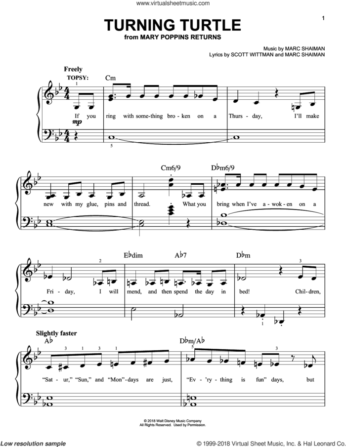 Turning Turtle (from Mary Poppins Returns) sheet music for piano solo by Meryl Streep & Company, Marc Shaiman and Scott Wittman, easy skill level
