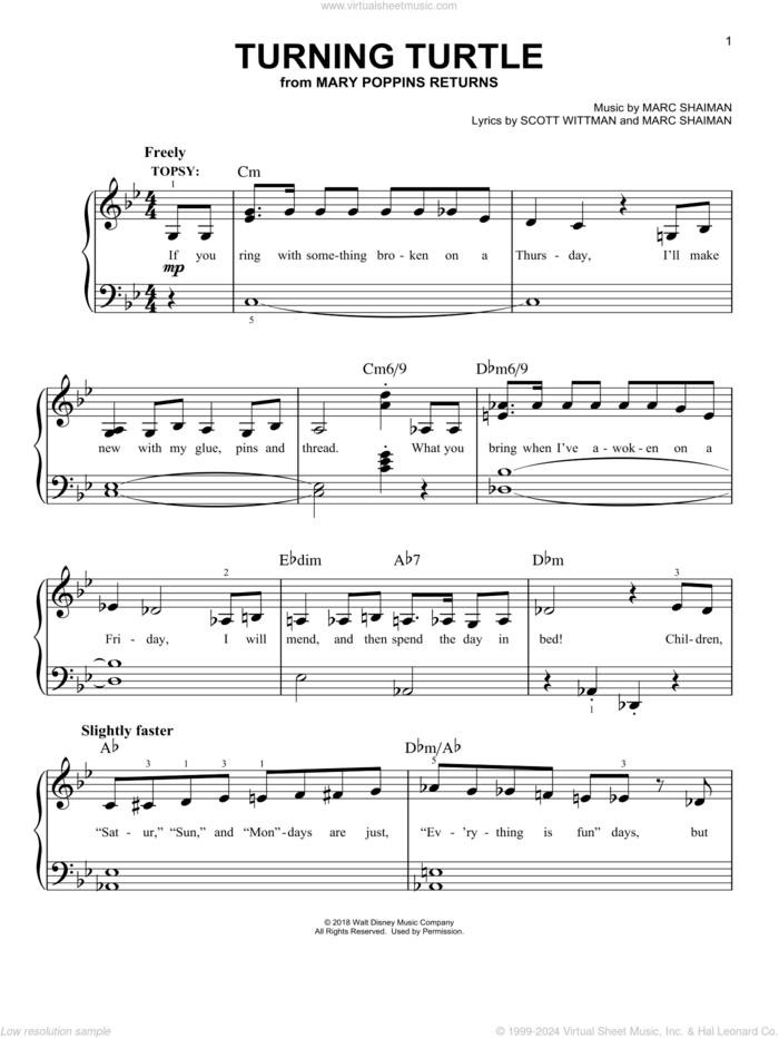 Turning Turtle (from Mary Poppins Returns) sheet music for piano solo by Meryl Streep & Company, Marc Shaiman and Scott Wittman, easy skill level