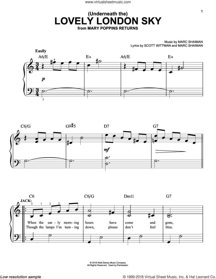 (Underneath The) Lovely London Sky (from Mary Poppins Returns) sheet music for piano solo by Lin-Manuel Miranda, Marc Shaiman and Scott Wittman, easy skill level