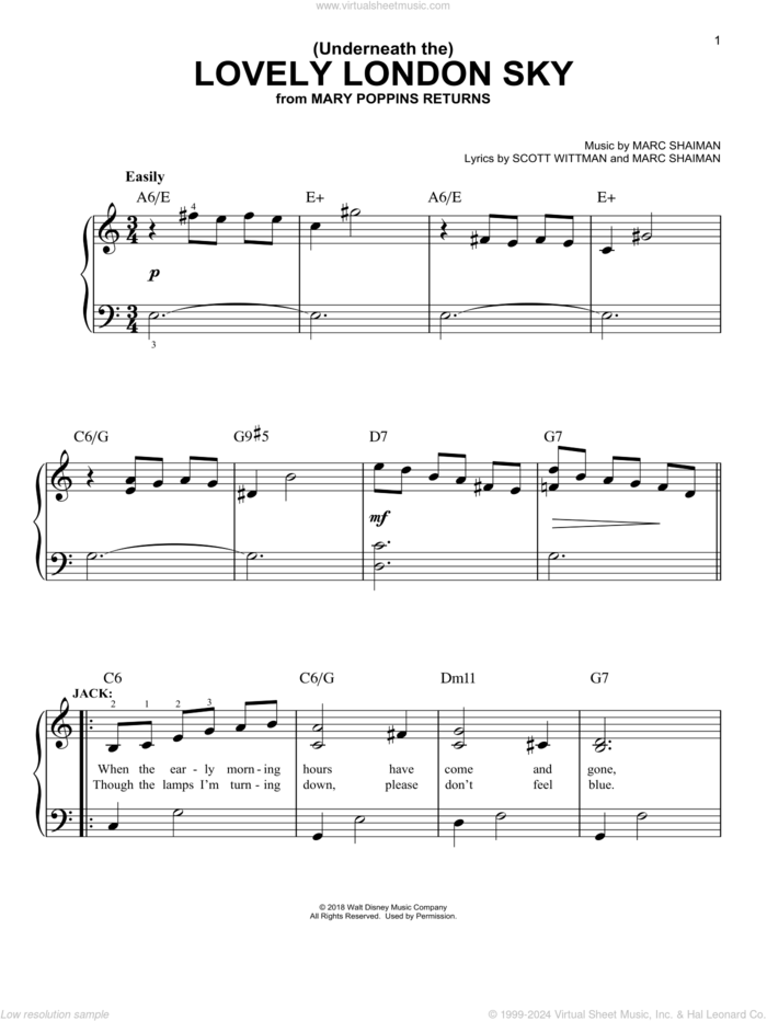 (Underneath The) Lovely London Sky (from Mary Poppins Returns), (easy) sheet music for piano solo by Lin-Manuel Miranda, Marc Shaiman and Scott Wittman, easy skill level