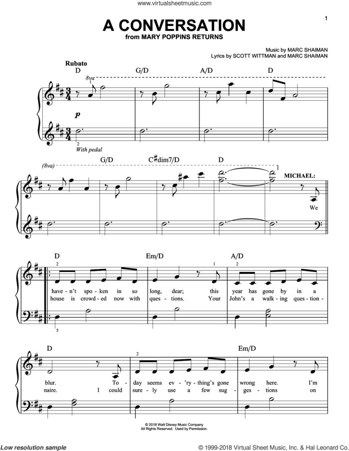 A Conversation (from Mary Poppins Returns) sheet music for piano solo by Ben Whishaw, Marc Shaiman and Scott Wittman, easy skill level