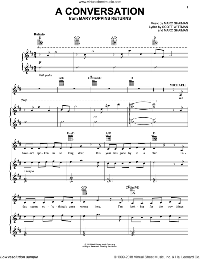 A Conversation (from Mary Poppins Returns) sheet music for voice, piano or guitar by Ben Whishaw, Marc Shaiman and Scott Wittman, intermediate skill level