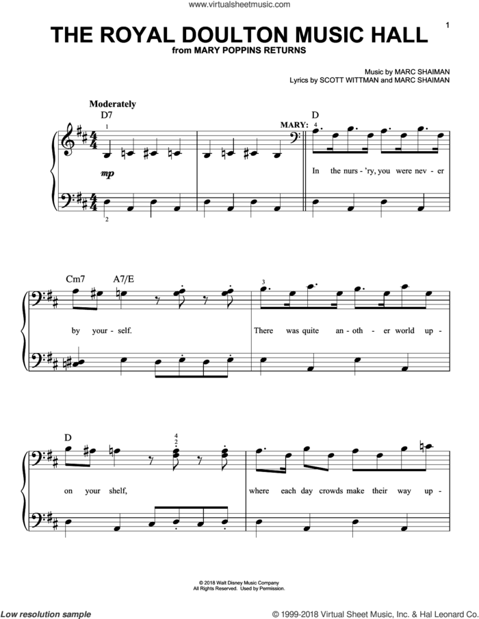 The Royal Doulton Music Hall (from Mary Poppins Returns) sheet music for piano solo by Emily Blunt & Lin-Manuel Miranda, Marc Shaiman and Scott Wittman, easy skill level