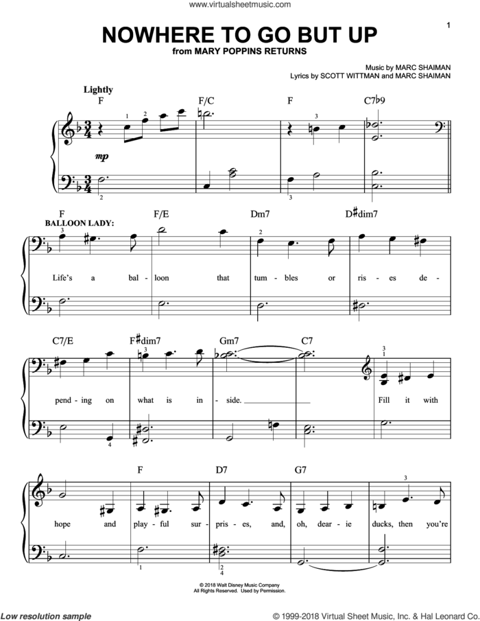 Nowhere To Go But Up (from Mary Poppins Returns) sheet music for piano solo by Angela Lansbury & Company, Marc Shaiman and Scott Wittman, easy skill level