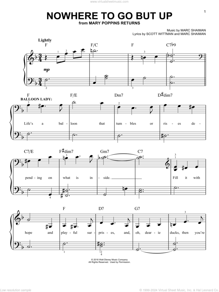 Nowhere To Go But Up (from Mary Poppins Returns) sheet music for piano solo by Angela Lansbury & Company, Marc Shaiman and Scott Wittman, easy skill level