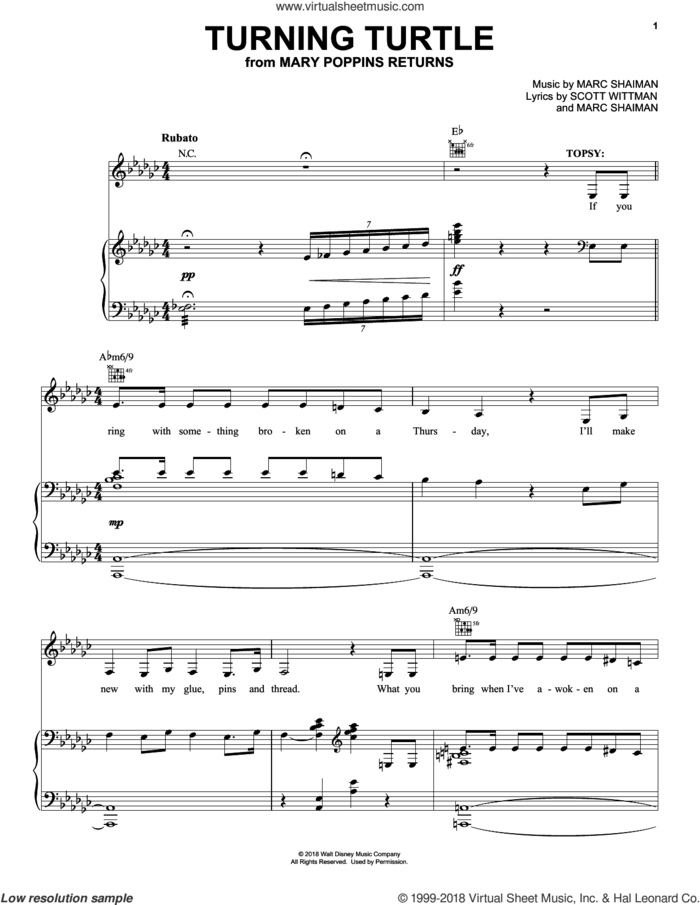 Turning Turtle (from Mary Poppins Returns) sheet music for voice, piano or guitar by Meryl Streep & Company, Marc Shaiman and Scott Wittman, intermediate skill level