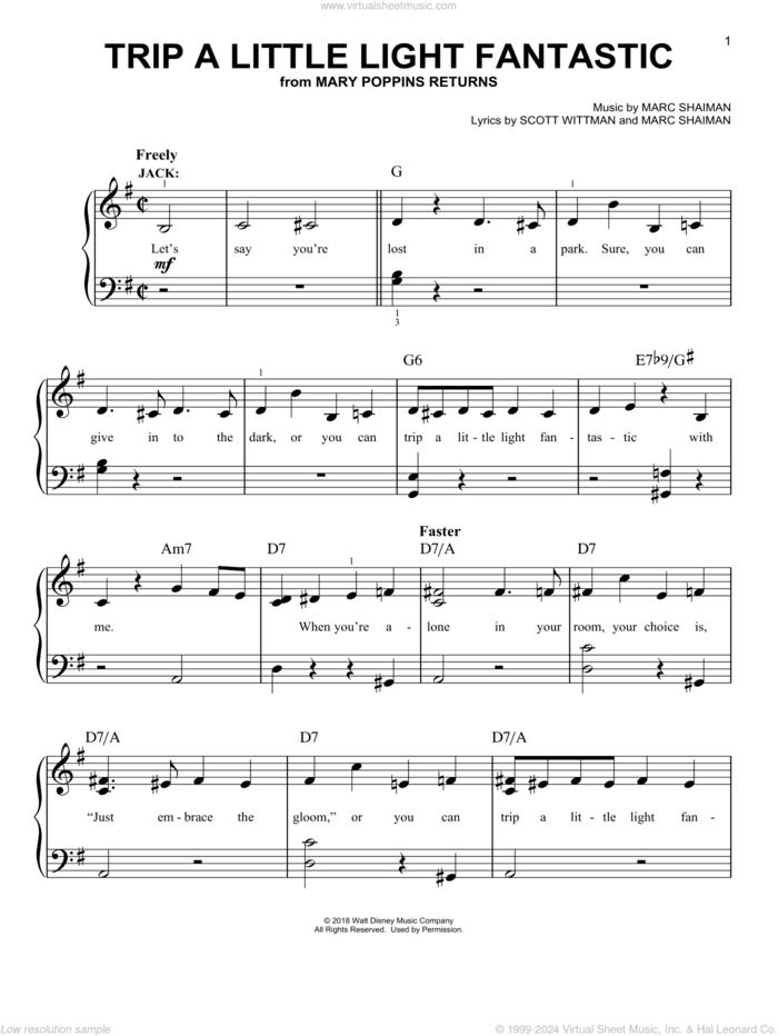 Trip A Little Light Fantastic (from Mary Poppins Returns), (easy) sheet music for piano solo by Lin-Manuel Miranda, Marc Shaiman and Scott Wittman, easy skill level