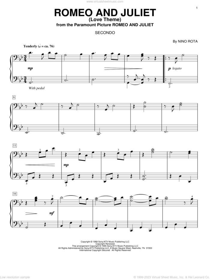 Romeo And Juliet (Love Theme) sheet music for piano four hands by Nino Rota, intermediate skill level