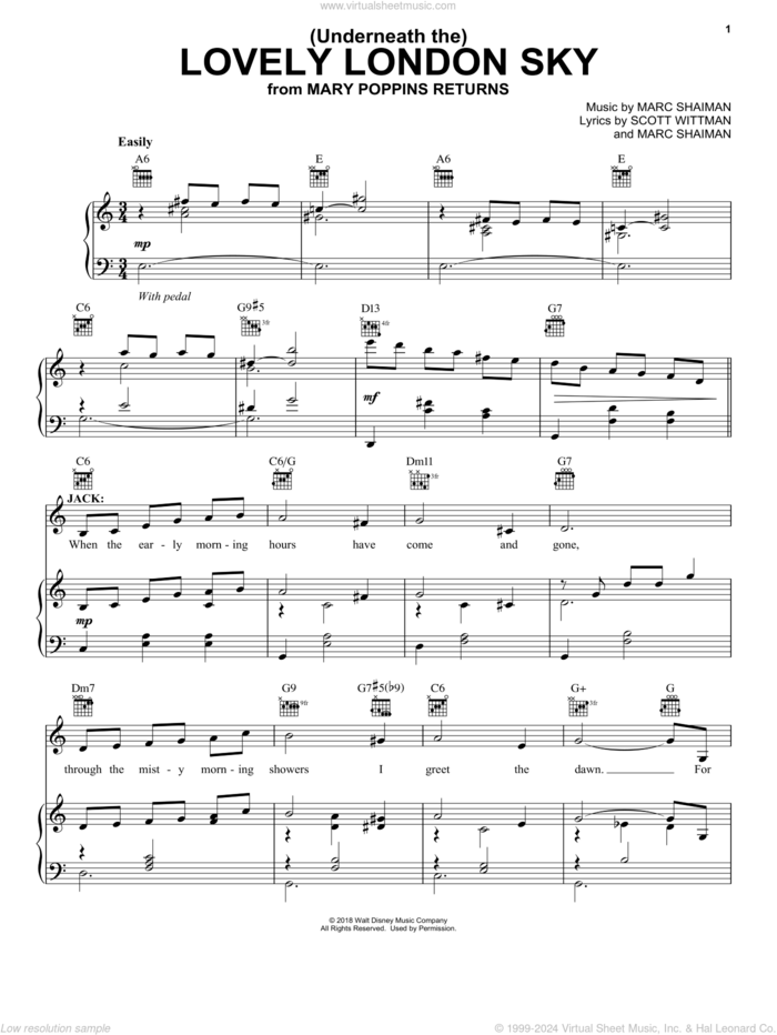 (Underneath The) Lovely London Sky (from Mary Poppins Returns) sheet music for voice, piano or guitar by Lin-Manuel Miranda, Marc Shaiman and Scott Wittman, intermediate skill level