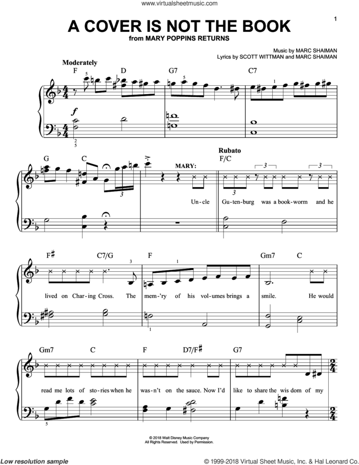 desinfectar futuro Abrasivo A Cover Is Not The Book (from Mary Poppins Returns) sheet music for piano  solo