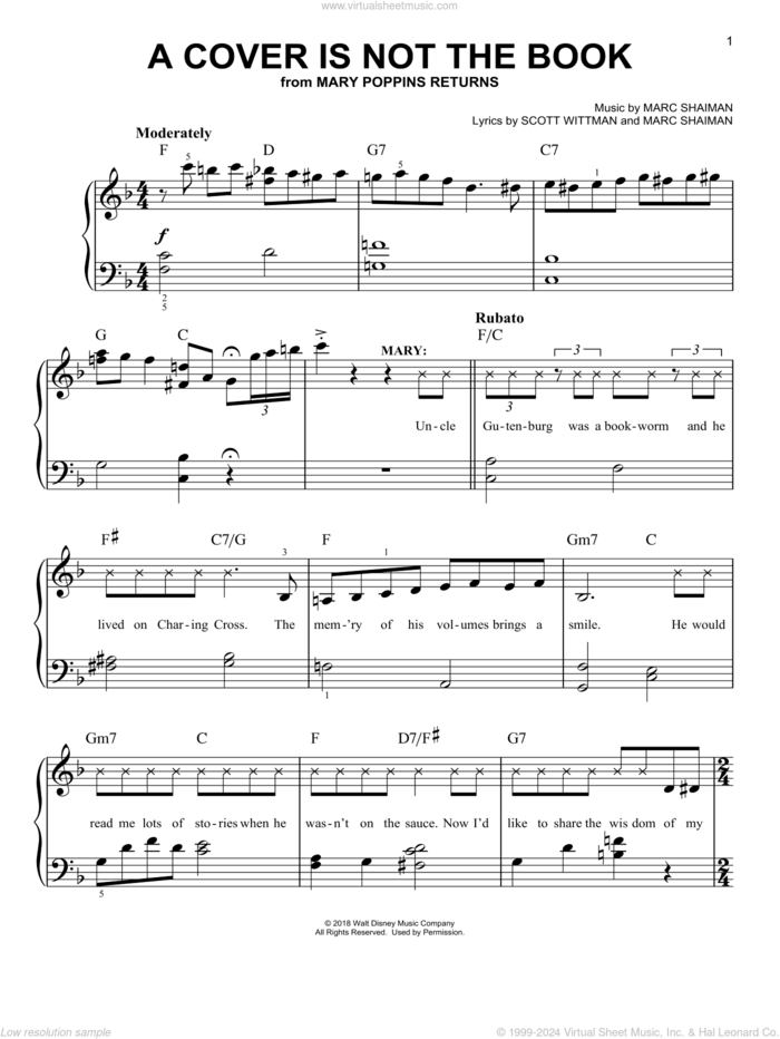 A Cover Is Not The Book (from Mary Poppins Returns) sheet music for piano solo by Emily Blunt, Lin-Manuel Miranda & Company, Marc Shaiman and Scott Wittman, easy skill level