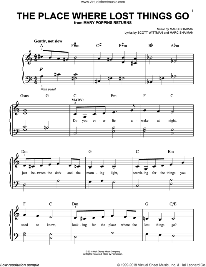 The Place Where Lost Things Go (from Mary Poppins Returns), (easy) sheet music for piano solo by Emily Blunt, Marc Shaiman and Scott Wittman, easy skill level