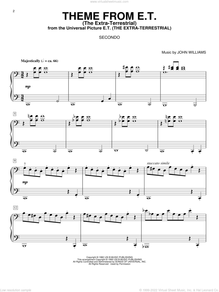 Theme from E.T. (The Extra-Terrestrial) sheet music for piano four hands by John Williams, intermediate skill level