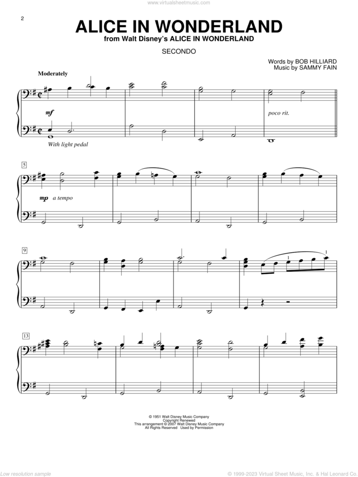 Alice In Wonderland sheet music for piano four hands by Bill Evans, Bob Hilliard and Sammy Fain, intermediate skill level