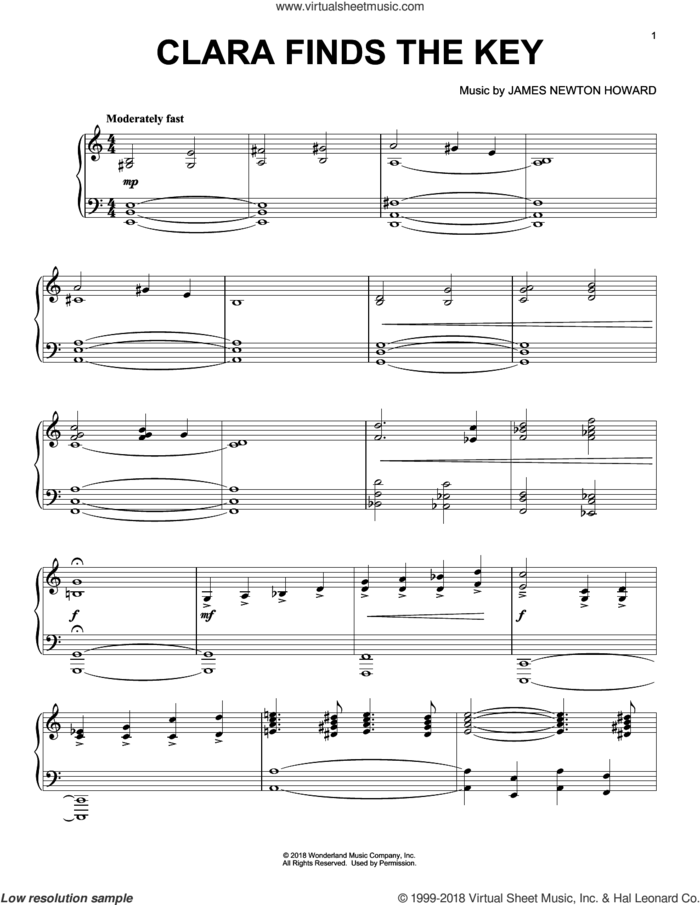 Clara Finds The Key (from The Nutcracker and The Four Realms) sheet music for piano solo by Pyotr Ilyich Tchaikovsky and James Newton Howard, intermediate skill level