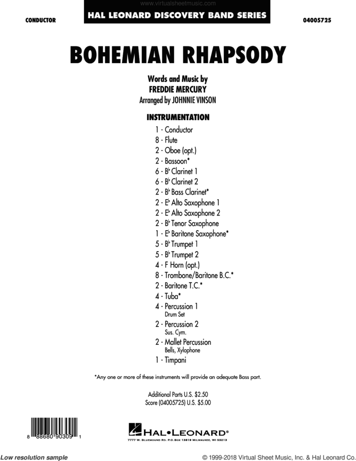 Bohemian Rhapsody (arr. Johnnie Vinson) (COMPLETE) sheet music for concert band by Queen, Freddie Mercury and Johnnie Vinson, intermediate skill level