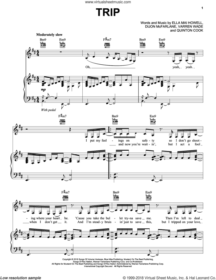 Trip sheet music for voice, piano or guitar by Ella Mai, Dijon McFarlane, Ella Mai Howell, Quinton and Varren Wade, intermediate skill level
