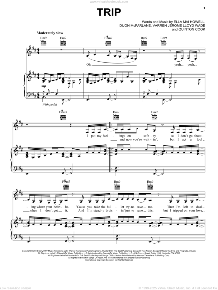 Trip sheet music for voice, piano or guitar by Ella Mai, Dijon McFarlane, Ella Mai Howell, Quinton and Varren Wade, intermediate skill level