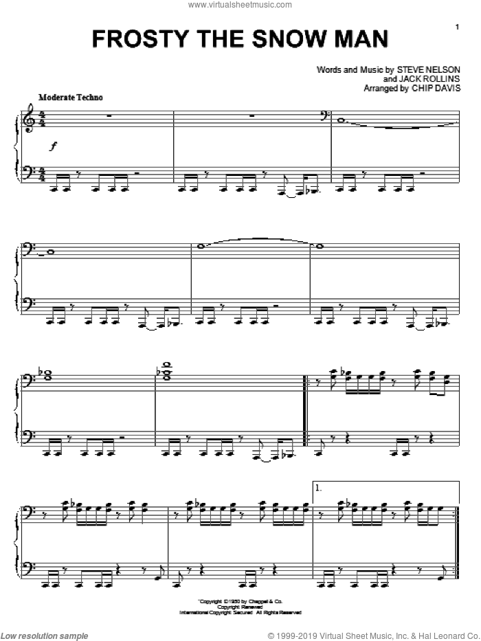 Frosty The Snow Man sheet music for piano solo by Mannheim Steamroller, Chip Davis, Jack Rollins and Steve Nelson, intermediate skill level