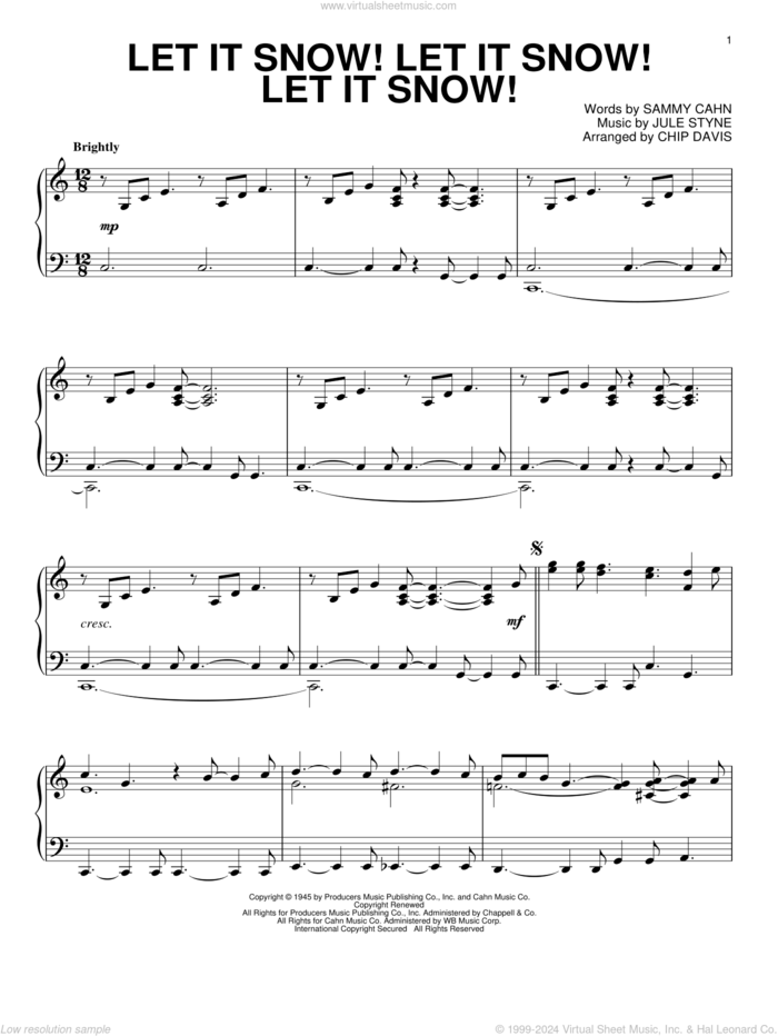 Let It Snow! Let It Snow! Let It Snow! sheet music for piano solo by Mannheim Steamroller, Chip Davis, Jule Styne and Sammy Cahn, intermediate skill level