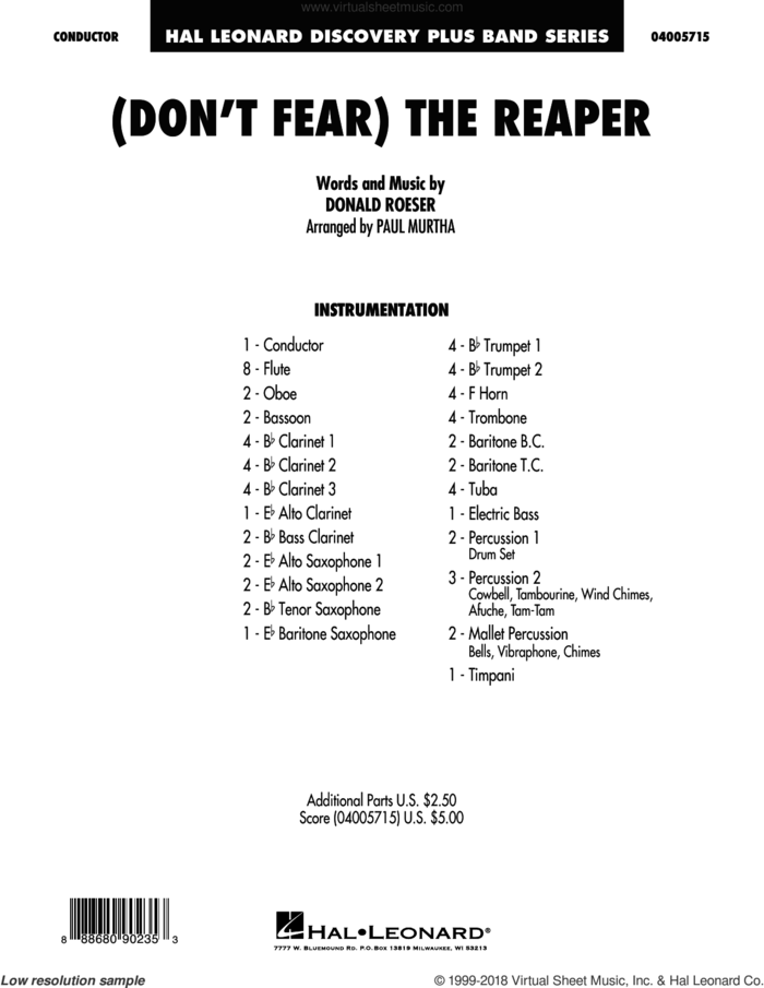 (Don't Fear) The Reaper (arr. Paul Murtha) (COMPLETE) sheet music for concert band by Blue Oyster Cult, Donald Roeser and Paul Murtha, intermediate skill level