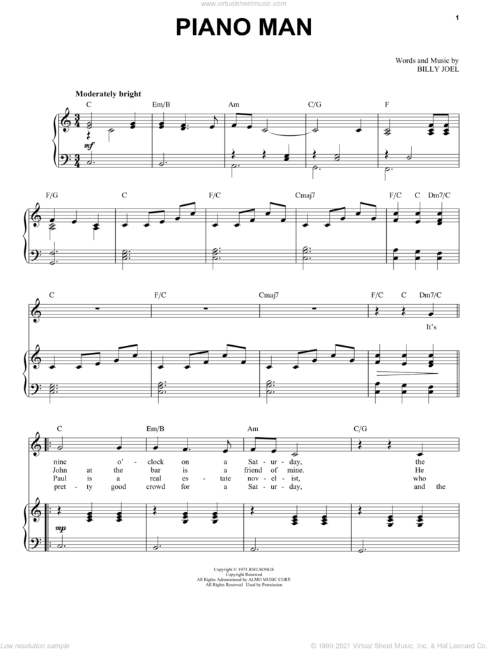Piano Man sheet music for voice and piano by Billy Joel, intermediate skill level