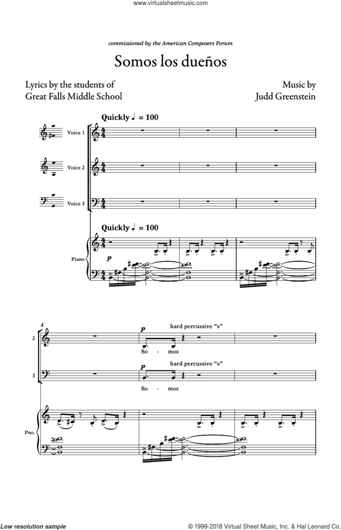 Somos Los Duenos sheet music for choir (3-Part Mixed) by Judd Greenstein, intermediate skill level