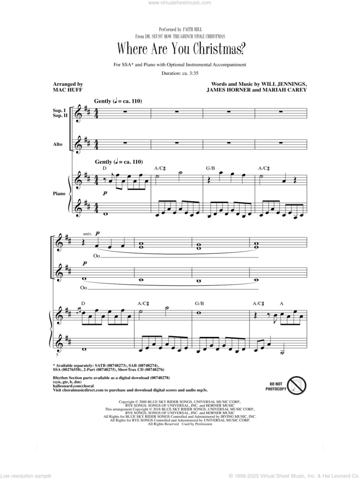 Where Are You Christmas? (arr. Mac Huff) (from How The Grinch Stole Christmas) sheet music for choir (SSA: soprano, alto) by Faith Hill, Mac Huff, James Horner, Mariah Carey and Will Jennings, intermediate skill level