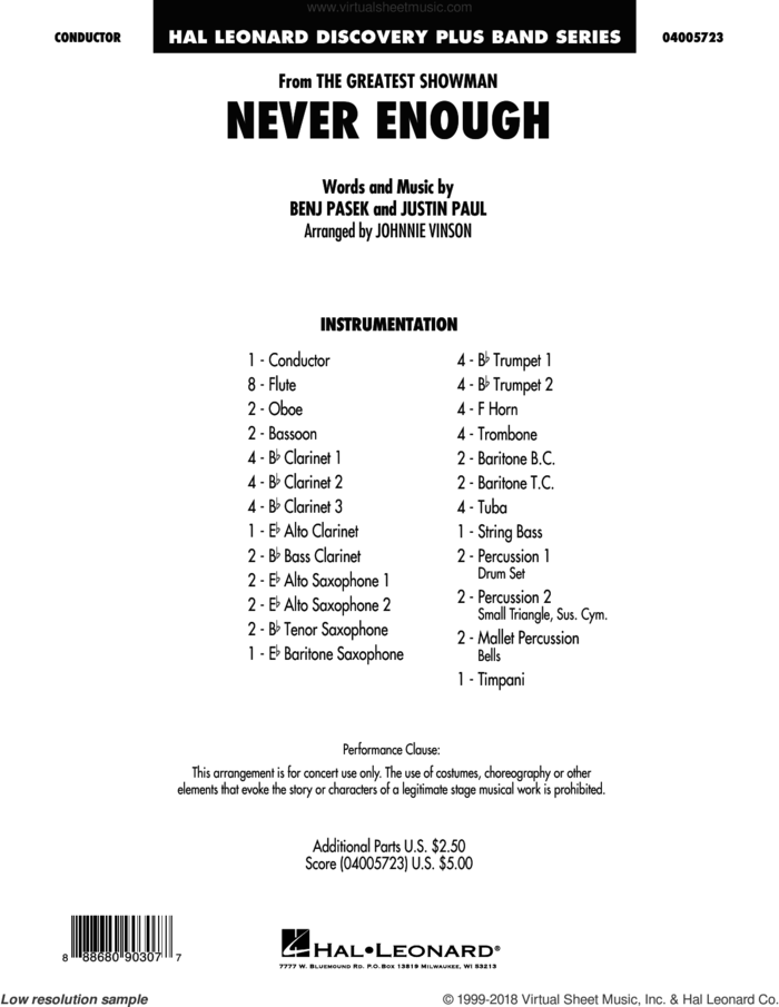Never Enough (from The Greatest Showman) (arr. Johnnie Vinson) (COMPLETE) sheet music for concert band by Pasek & Paul, Benj Pasek, Johnnie Vinson and Justin Paul, intermediate skill level