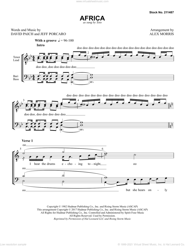Africa (arr. Alex Morris) sheet music for choir (TTBB: tenor, bass) by Toto, Alex Morris, David Paich and Jeff Porcaro, intermediate skill level